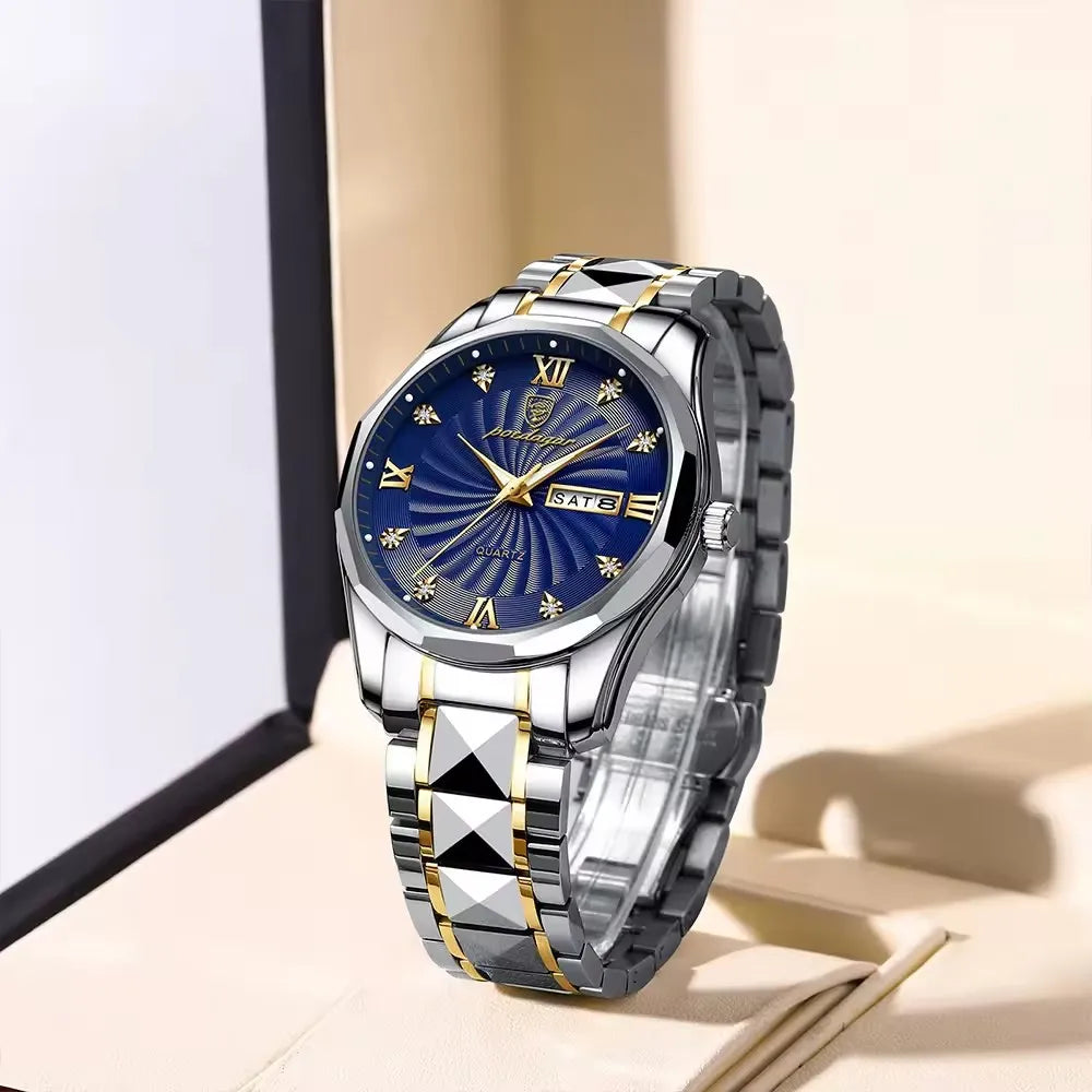 POEDAGAR 818 Men Watch Top Luxury Blue Dial Business Quartz Mens Watches Full Steel Waterproof Luminous Date Men's Wristwatch