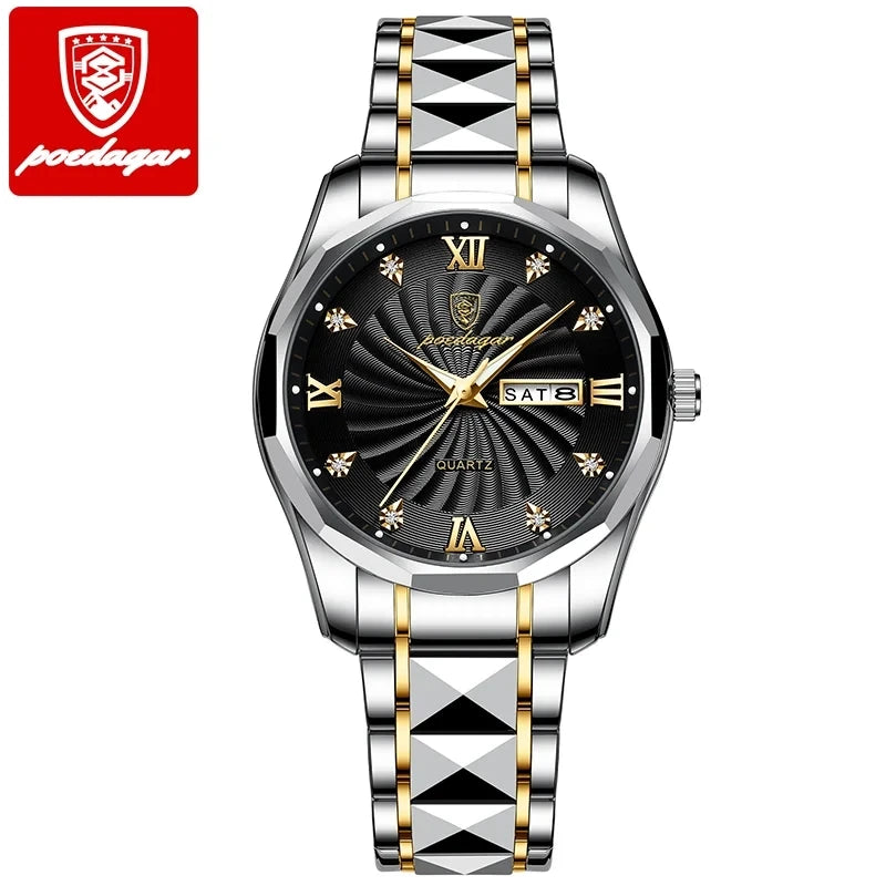 POEDAGAR 818 Men Watch Top Luxury Blue Dial Business Quartz Mens Watches Full Steel Waterproof Luminous Date Men's Wristwatch