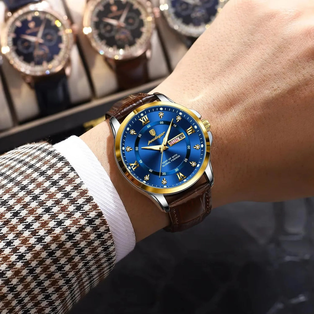 POEDAGAR 855 Watches Men Brown Genuine Leather Quartz Movement New Arrival Waterproof Luminous Casual Business Luxury Wristwatch