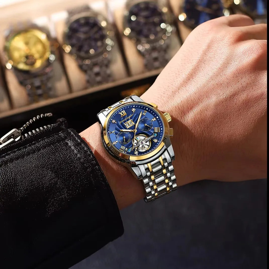 POEDAGAR 1408 Automatic Tourbillon Business Watch Luxury Hollow Waterproof Stainless Steel Men Mechanical Watches Gold Blue