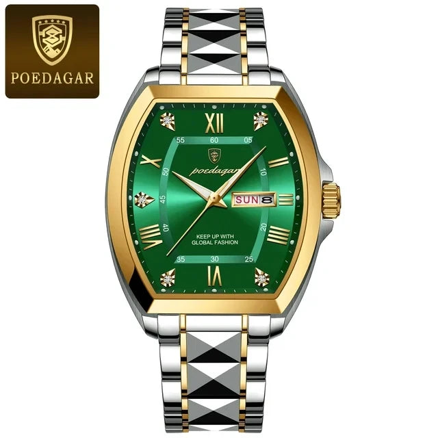 POEDAGAR Square Gold Quartz Watches Business Double Calendar Luxury Watch for Men Stainless Steel Waterproof Clock New Hot Sale