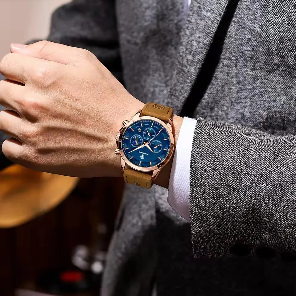 POEDAGAR 928 Men Multifunction Waterproof Watch Chronograph Stainless Steel Case Leather Strap Man Business Sport Quartz Watches