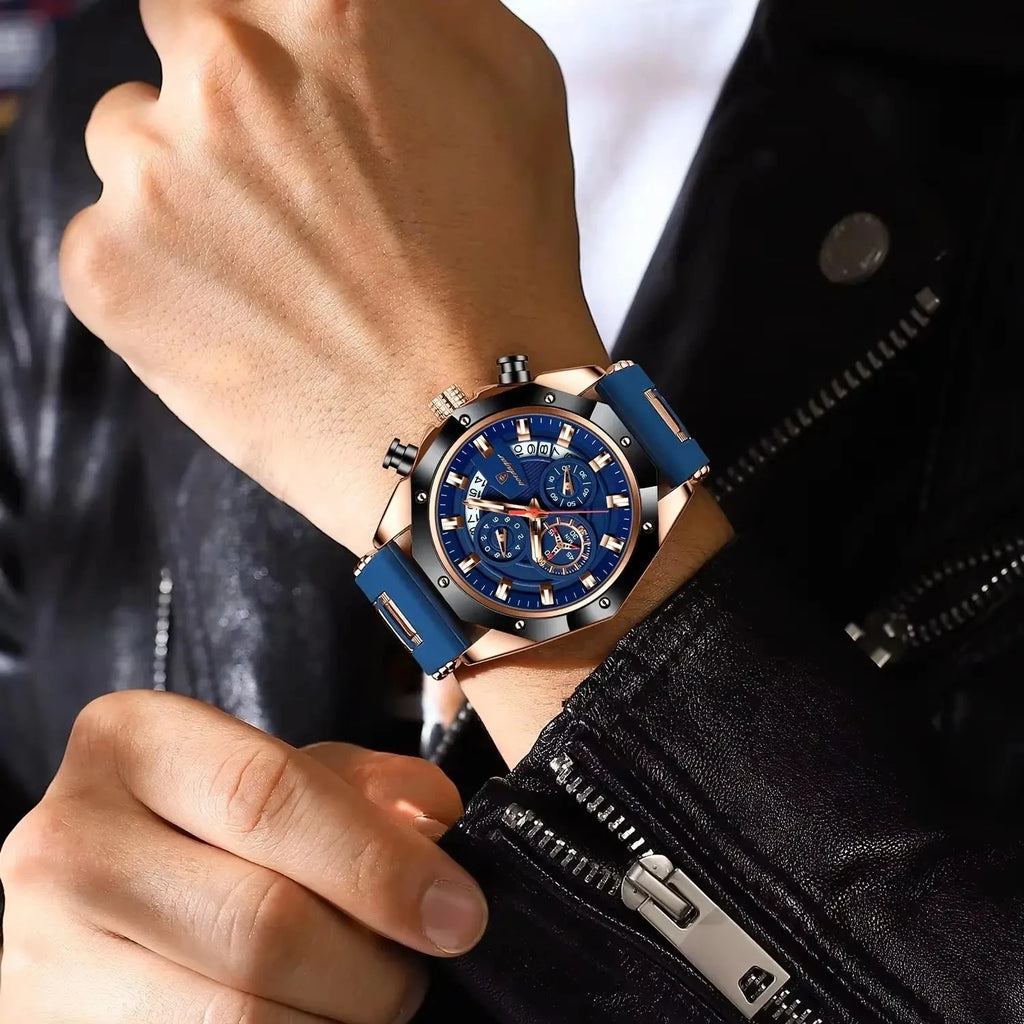 POEDAGAR 913 Men Night Light Watch Waterproof Luminous Sport Business Chronograph Blue Silicone Strap Japan Quartz Men's Watches