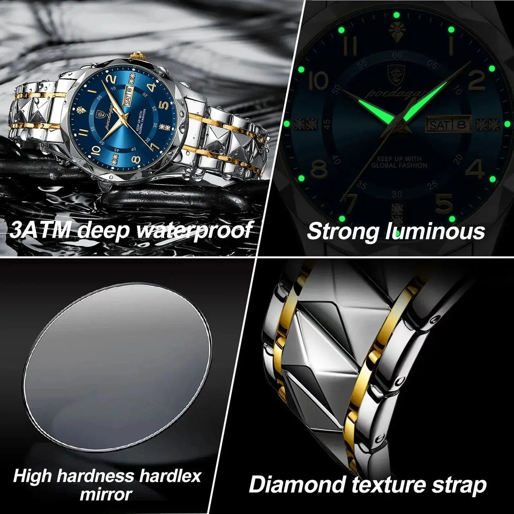 POEDAGAR Stainless Steel Watch Men Week Calendar Display Quartz Watches Simple Sport Waterproof Man Bracelet Luxury Wristwatches