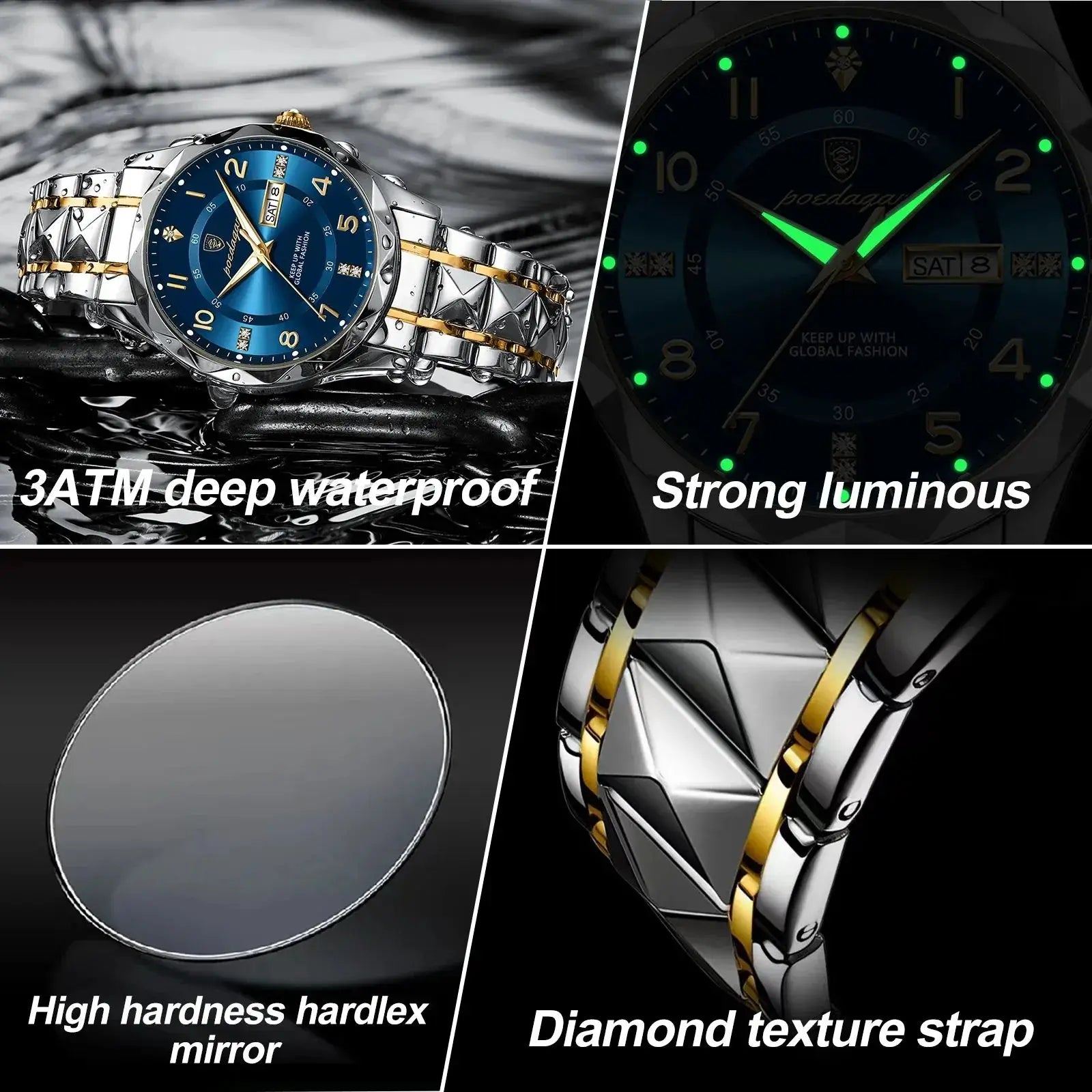 POEDAGAR Stainless Steel Watch Men Week Calendar Display Quartz Watches Simple Sport Waterproof Man Bracelet Luxury Wristwatches