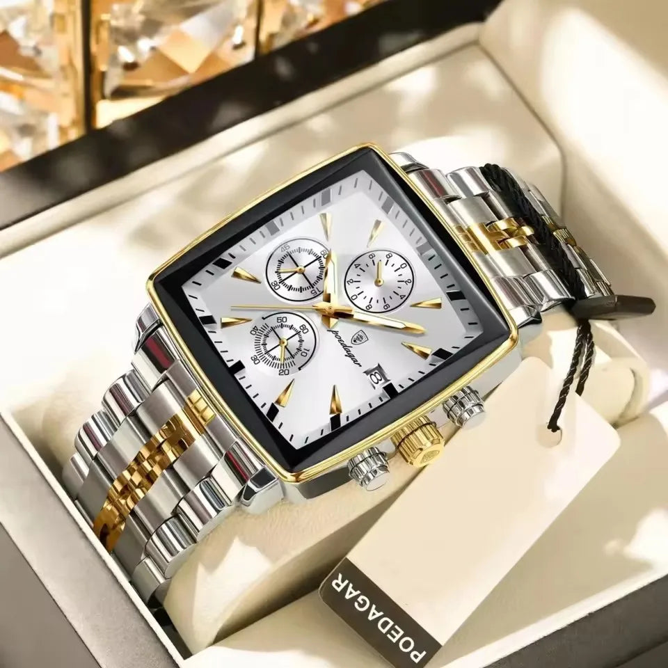 POEDAGAR New Business Men Clock Waterproof Luminous Calendar Chronograph Square Watch Stainless Steel Quartz Men's Watches 866