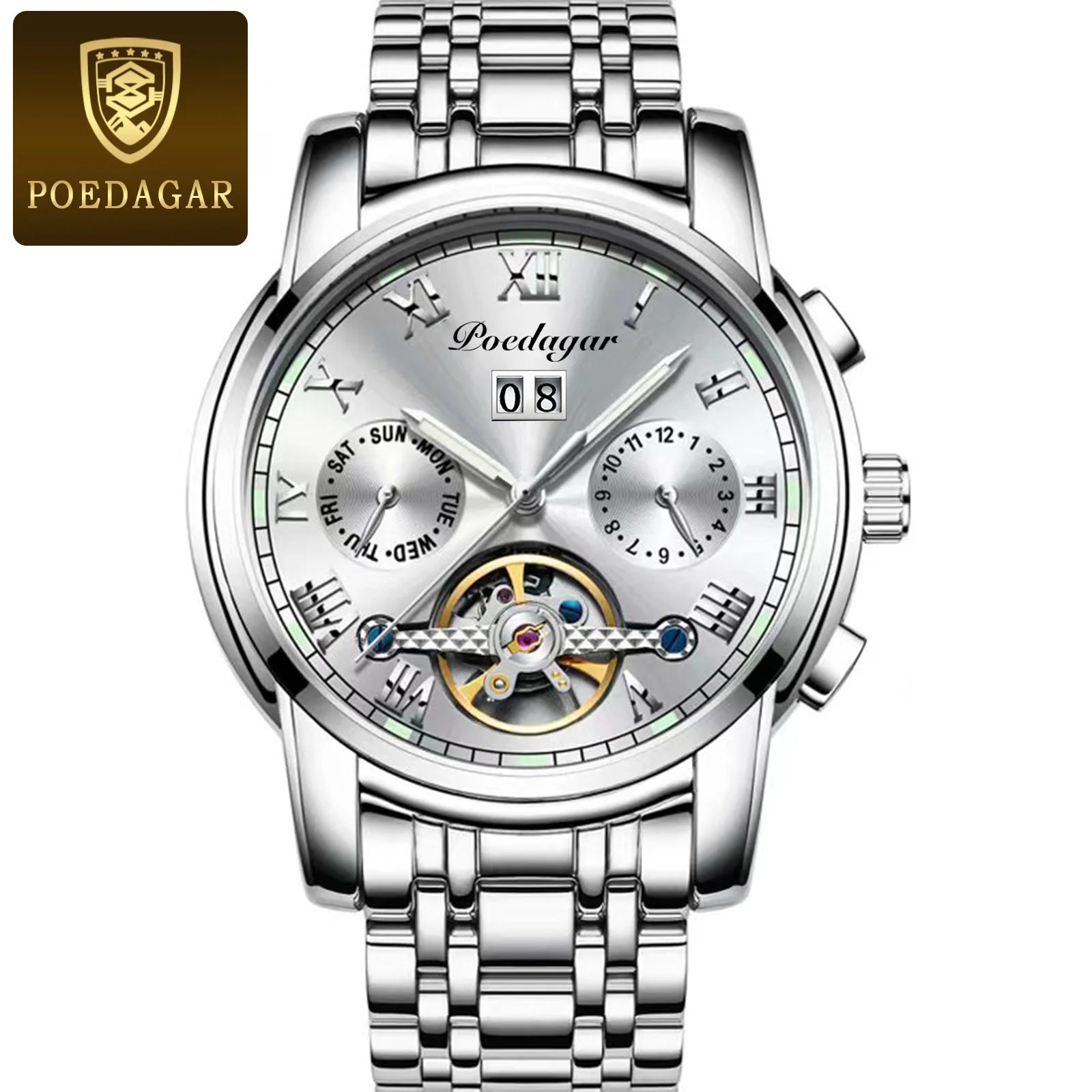 Poedagar 141  Skeleton Waterproof Men Watch  Mechanical Gold Blue Automatic Mens Watches Luxury Stainless Steel Wristwatch Man