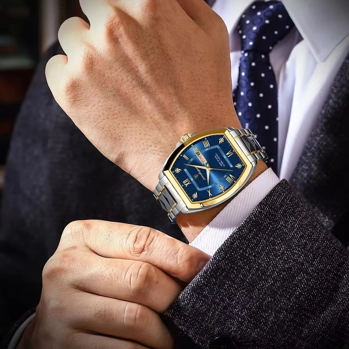 POEDAGAR Square Gold Quartz Watches Business Double Calendar Luxury Watch for Men Stainless Steel Waterproof Clock New Hot Sale