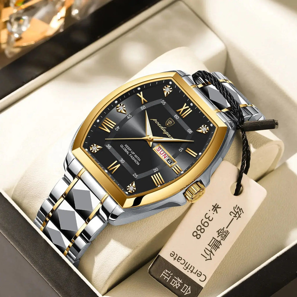 POEDAGAR Square Gold Quartz Watches Business Double Calendar Luxury Watch for Men Stainless Steel Waterproof Clock New Hot Sale