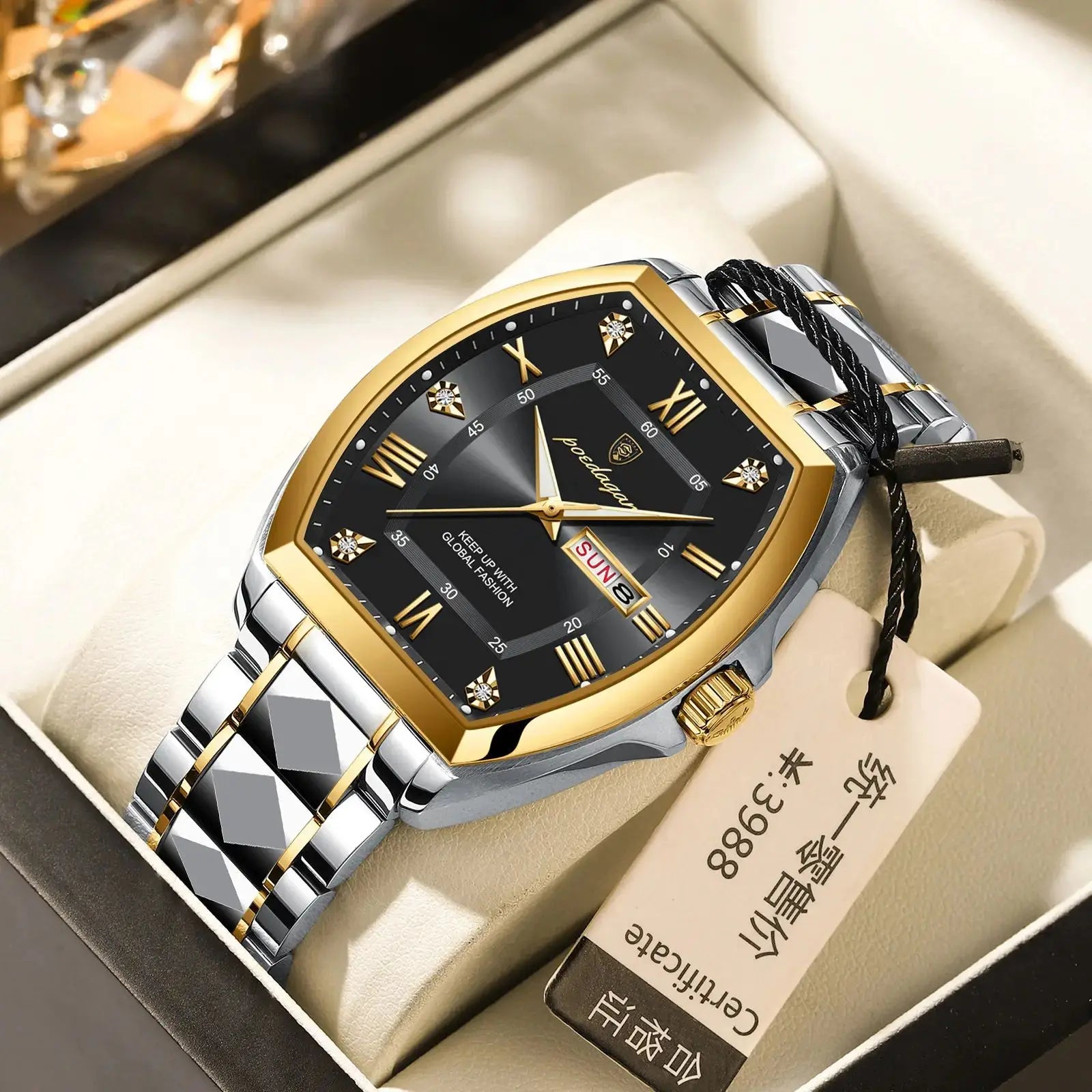 POEDAGAR Square Gold Quartz Watches Business Double Calendar Luxury Watch for Men Stainless Steel Waterproof Clock New Hot Sale
