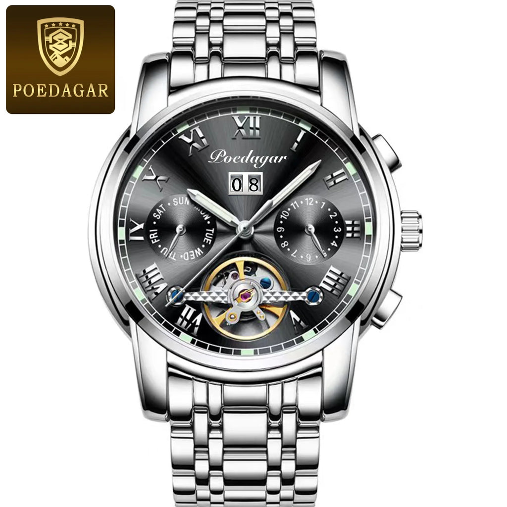 Poedagar 141  Skeleton Waterproof Men Watch  Mechanical Gold Blue Automatic Mens Watches Luxury Stainless Steel Wristwatch Man