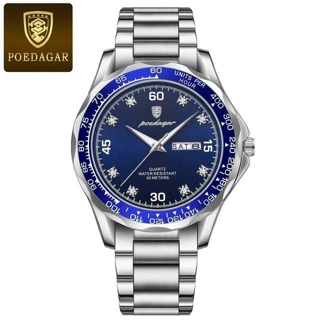 POEDAGAR Top 41mm Quartz Male Wristwatch Waterproof Luminous Date Week Watch for Men Stainless Steel Sport Men's Watches