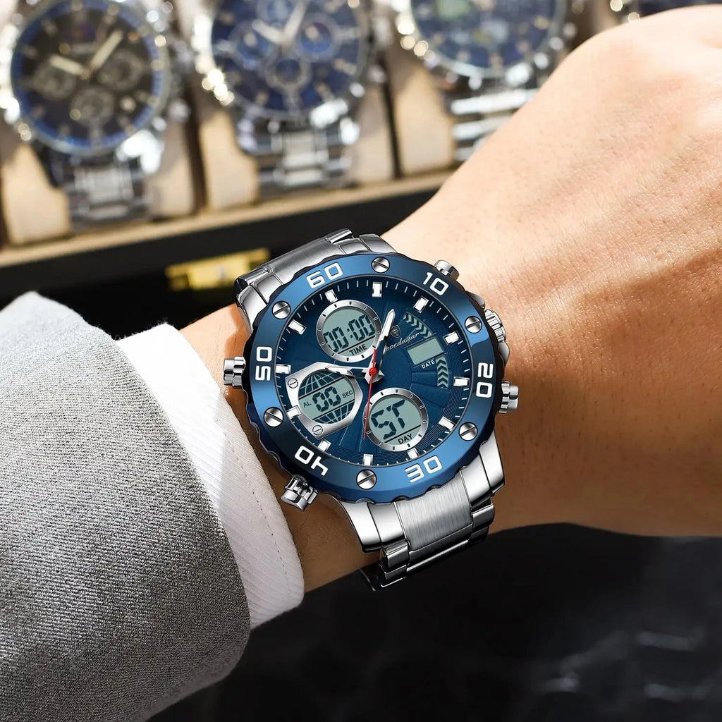 POEDAGAR E102 Dual Time Display Digital Quartz Men Watch Sport Stainless Wristwatch LED Alarm Electronic Waterproof Mens Watches
