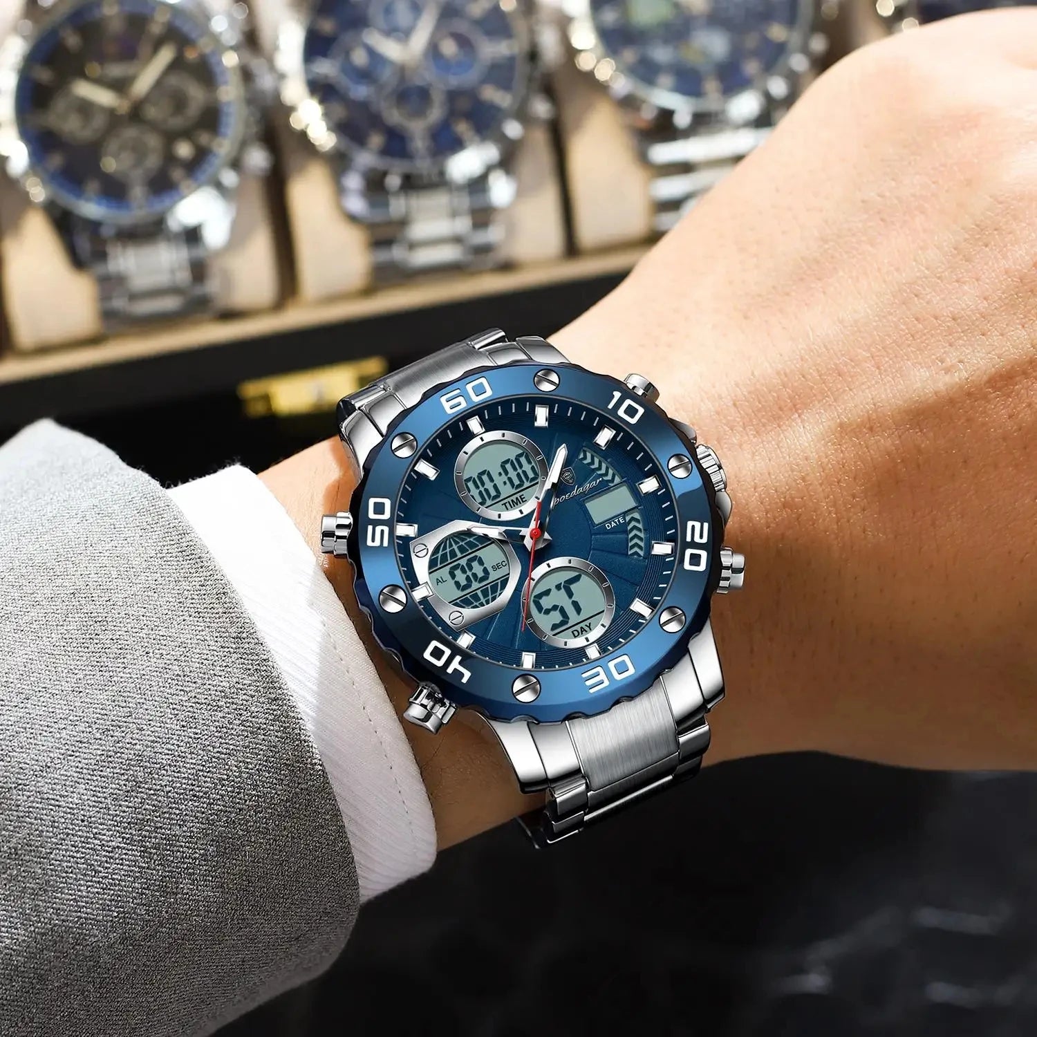 POEDAGAR E102 Dual Time Display Digital Quartz Men Watch Sport Stainless Wristwatch LED Alarm Electronic Waterproof Mens Watches