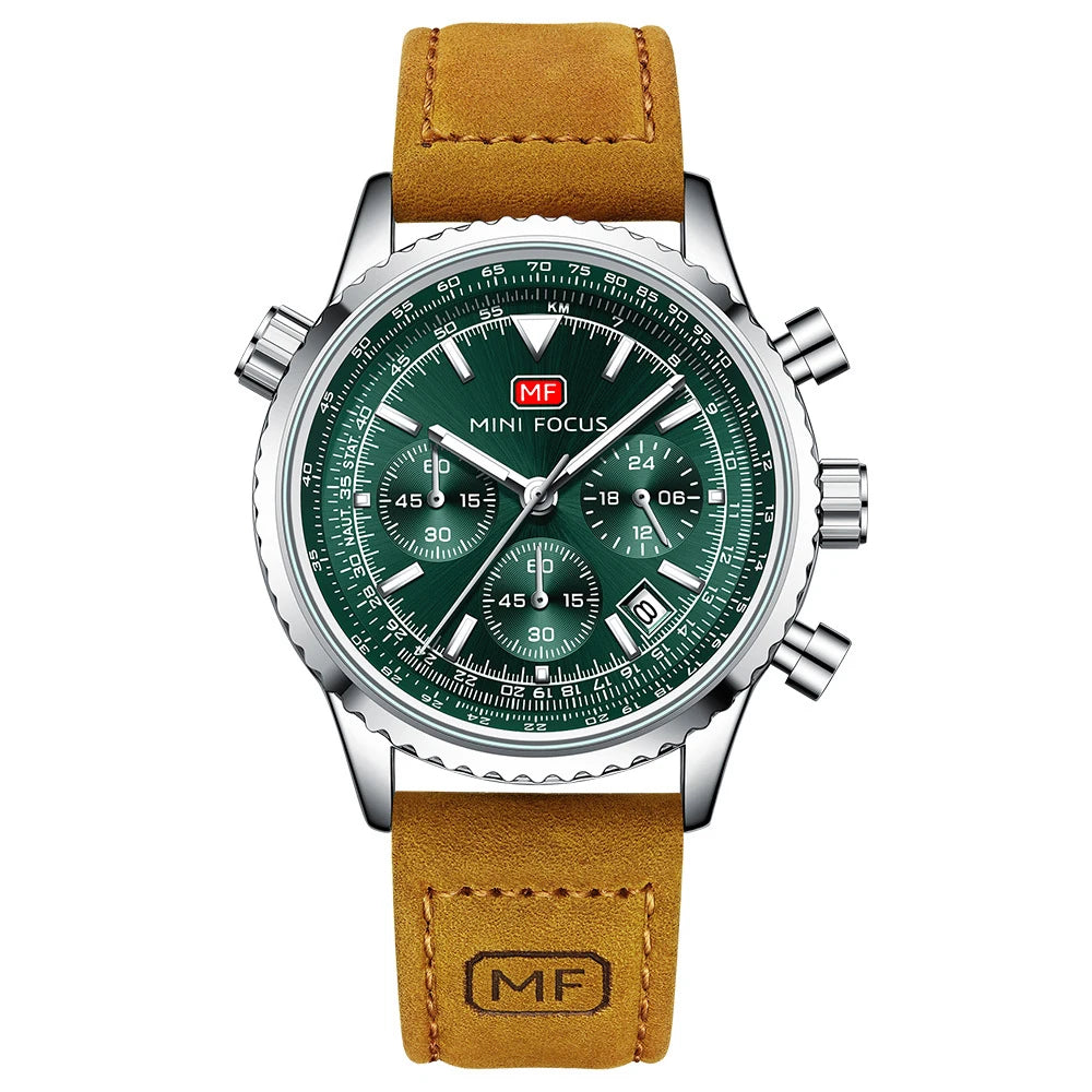 Mini Foucus Premium Multifunction Chronograph Sports Genuine Leather Luminous Quartz Mens Watches