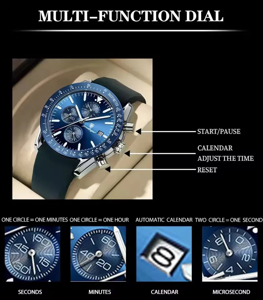 POEDAGAR 988 Top Band Men Watch Waterproof Luminous Date Chronograph Quartz Wristwatch High Quality Sport Leather Man Watches