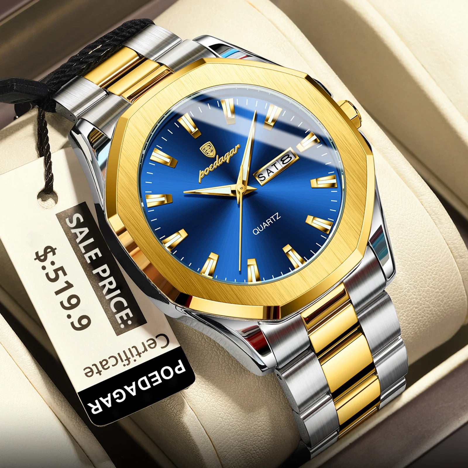 POEDAGAR 875 Date Display Stainless Steel Quartz Men's Luxury Original Mens Watches Waterproof Luminous Chronograph Wristwatches