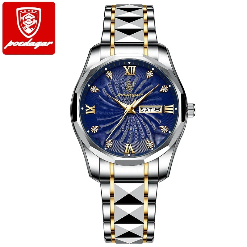 POEDAGAR 818 Men Watch Top Luxury Blue Dial Business Quartz Mens Watches Full Steel Waterproof Luminous Date Men's Wristwatch