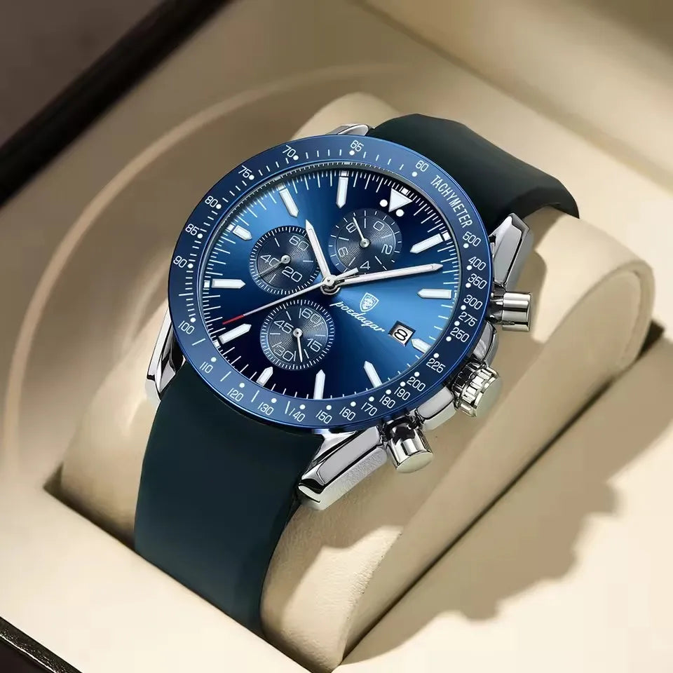POEDAGAR 988 Top Band Men Watch Waterproof Luminous Date Chronograph Quartz Wristwatch High Quality Sport Leather Man Watches
