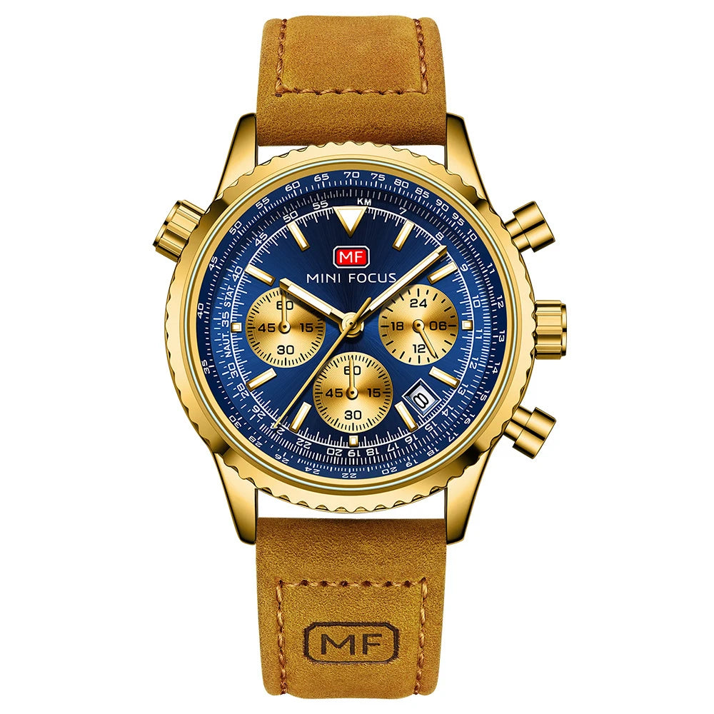 Mini Foucus Premium Multifunction Chronograph Sports Genuine Leather Luminous Quartz Mens Watches