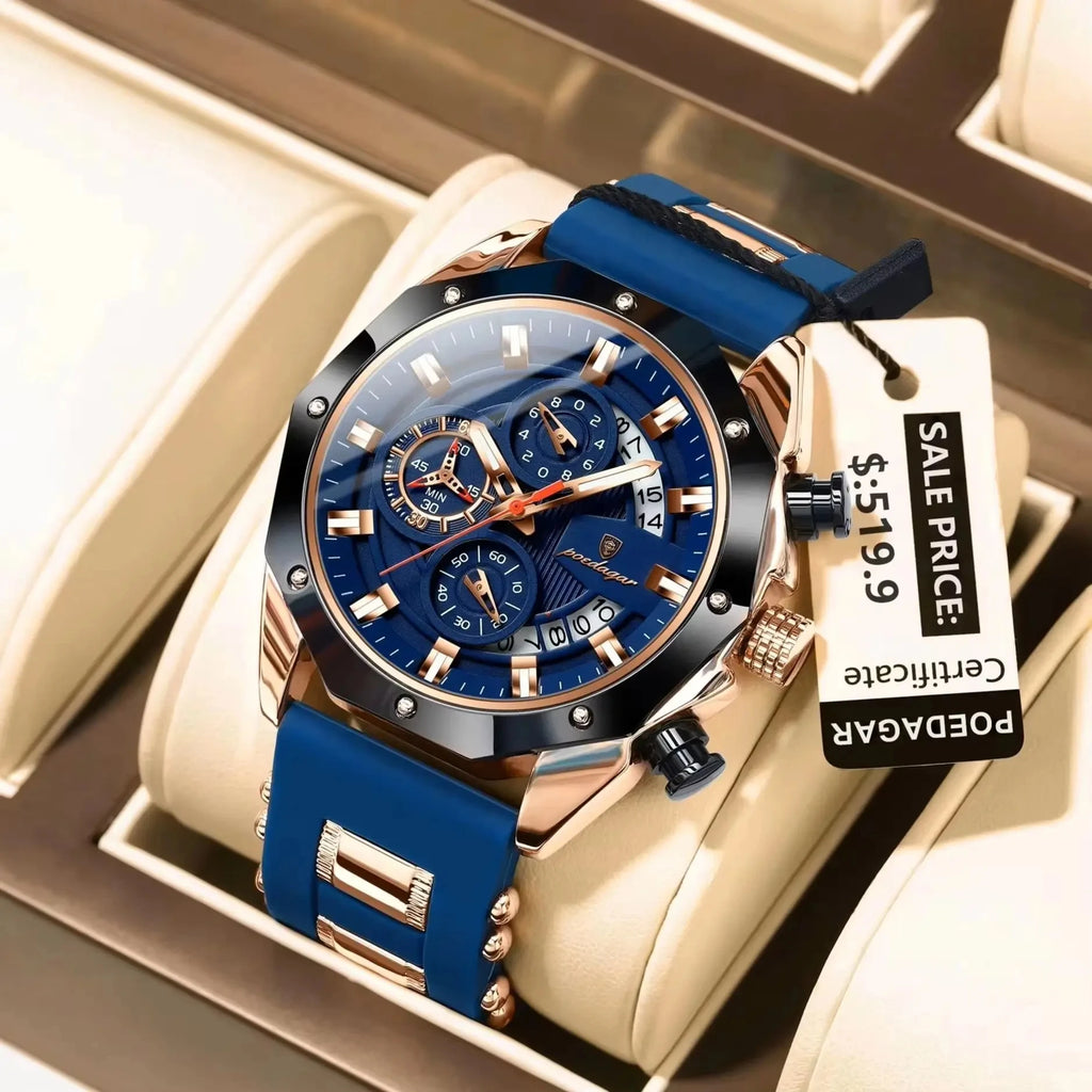 POEDAGAR 913 Men Night Light Watch Waterproof Luminous Sport Business Chronograph Blue Silicone Strap Japan Quartz Men's Watches