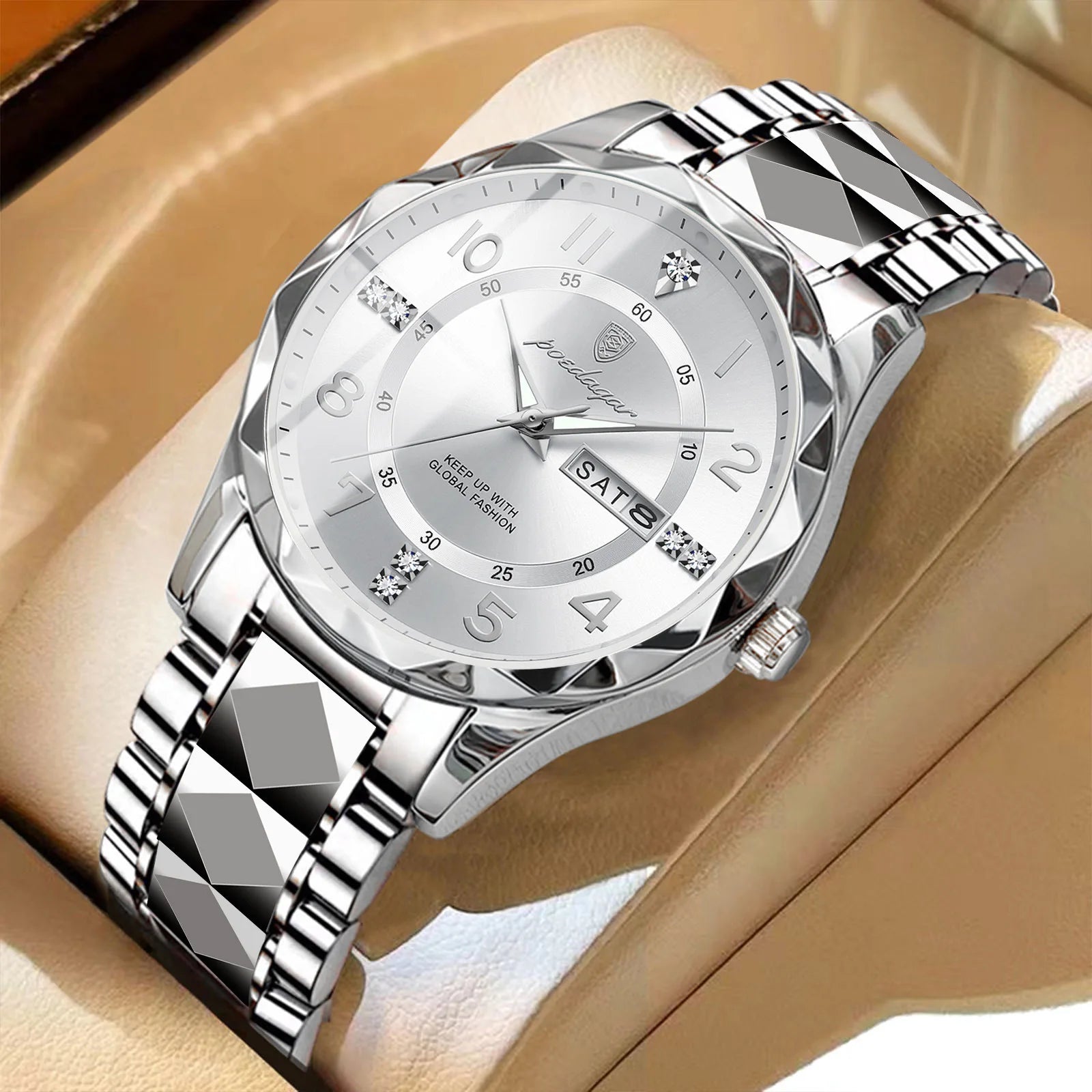 POEDAGAR Stainless Steel Watch Men Week Calendar Display Quartz Watches Simple Sport Waterproof Man Bracelet Luxury Wristwatches