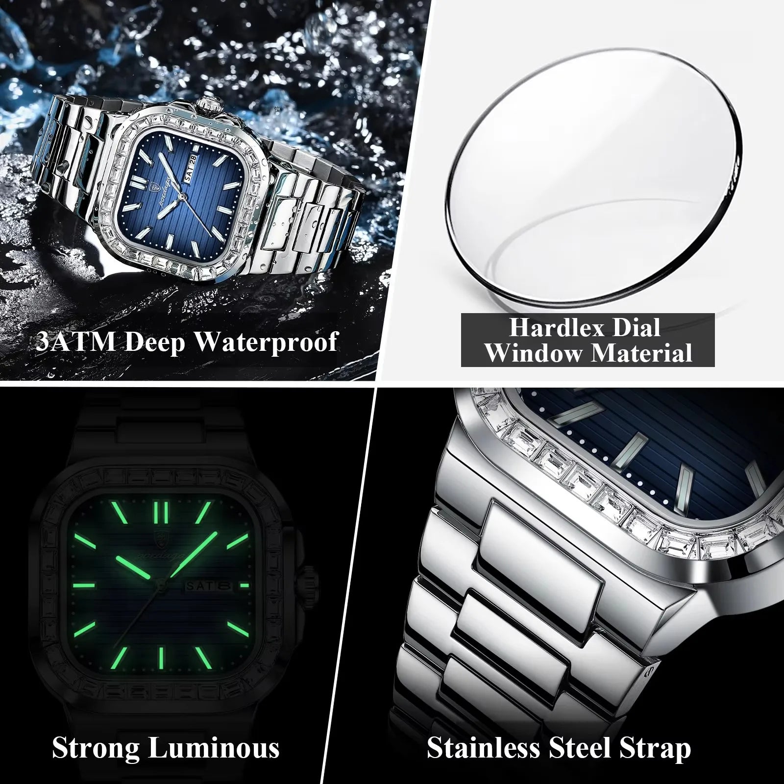 POEDAGAR 975 Luxury Square Watch for Men Waterproof Luminous Date Week Man Watch Stainless Steel Fashion Quartz Men's Watches