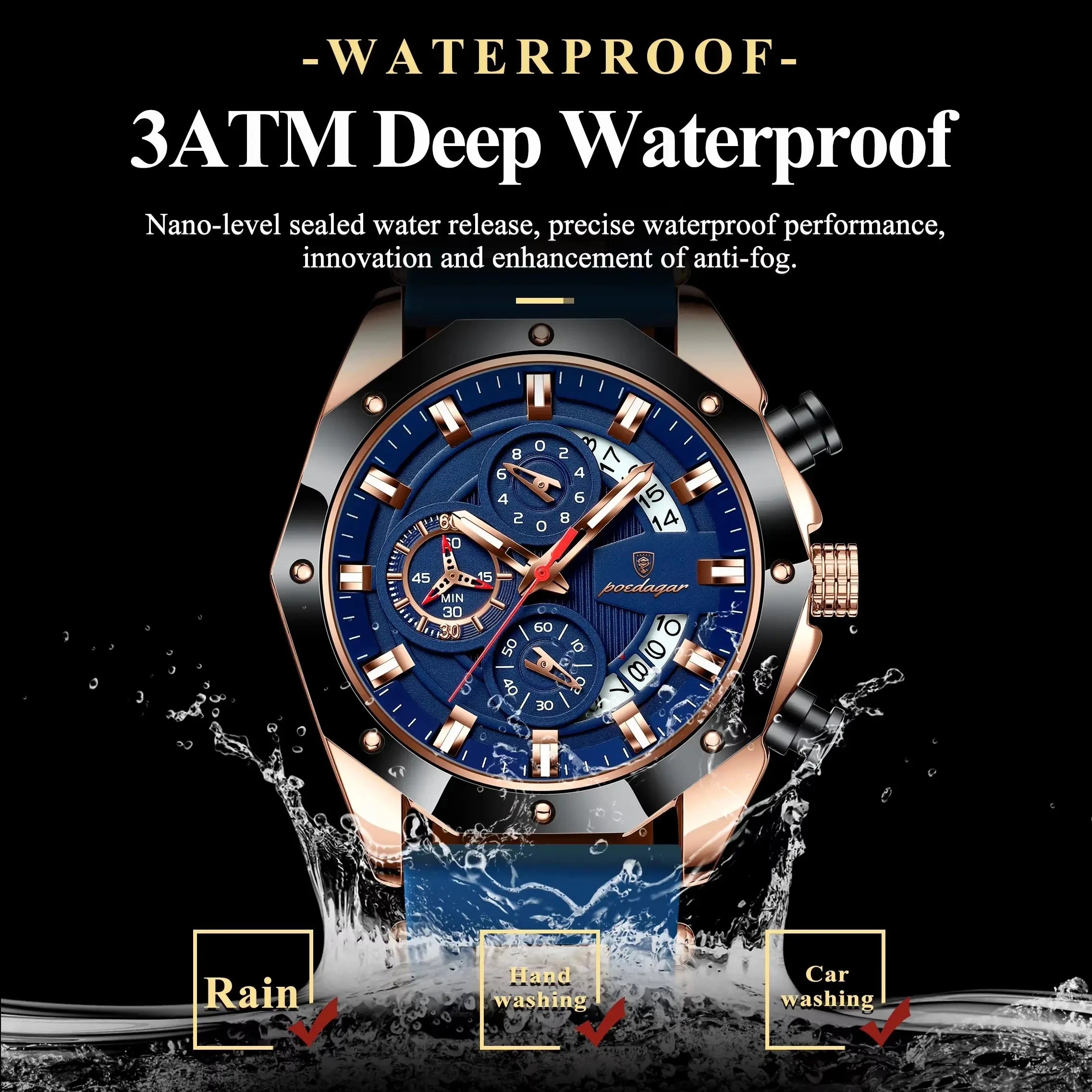 POEDAGAR 913 Men Night Light Watch Waterproof Luminous Sport Business Chronograph Blue Silicone Strap Japan Quartz Men's Watches