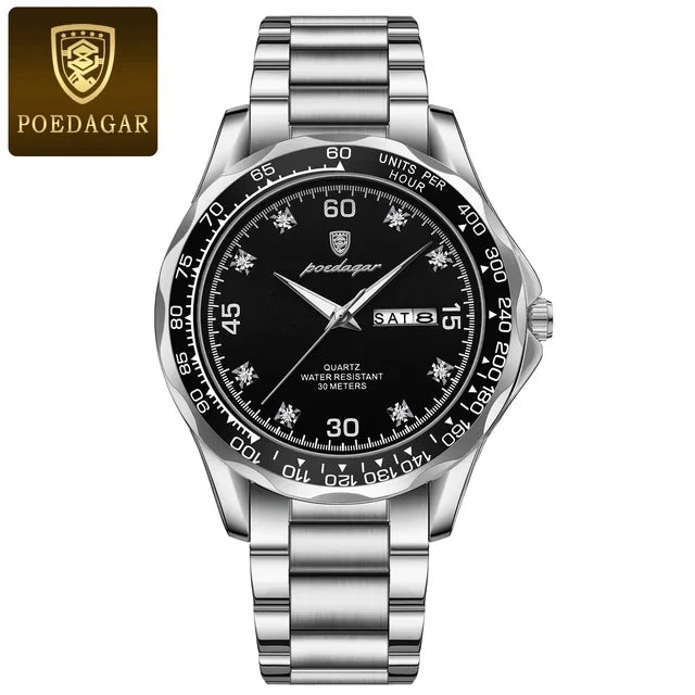 POEDAGAR Top 41mm Quartz Male Wristwatch Waterproof Luminous Date Week Watch for Men Stainless Steel Sport Men's Watches