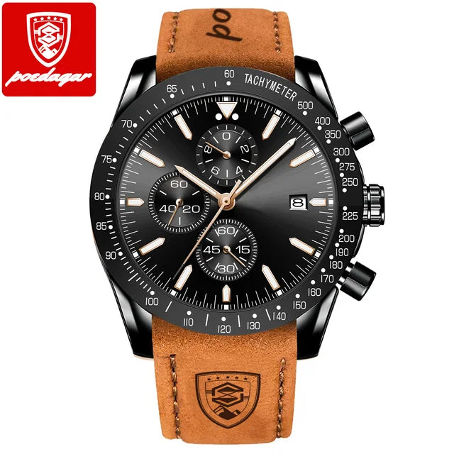 POEDAGAR 988 Top Band Men Watch Waterproof Luminous Date Chronograph Quartz Wristwatch High Quality Sport Leather Man Watches