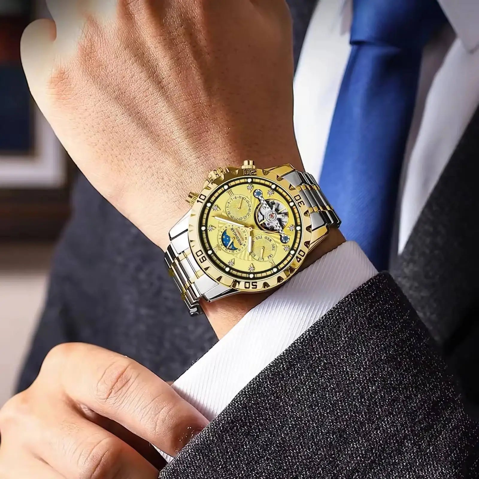 POEDAGAR 1412 Men's Mechanical Watch Tourbillon Gold Stainless Steel Band Luminous Moon Phase Day Function Water Shock Resistant