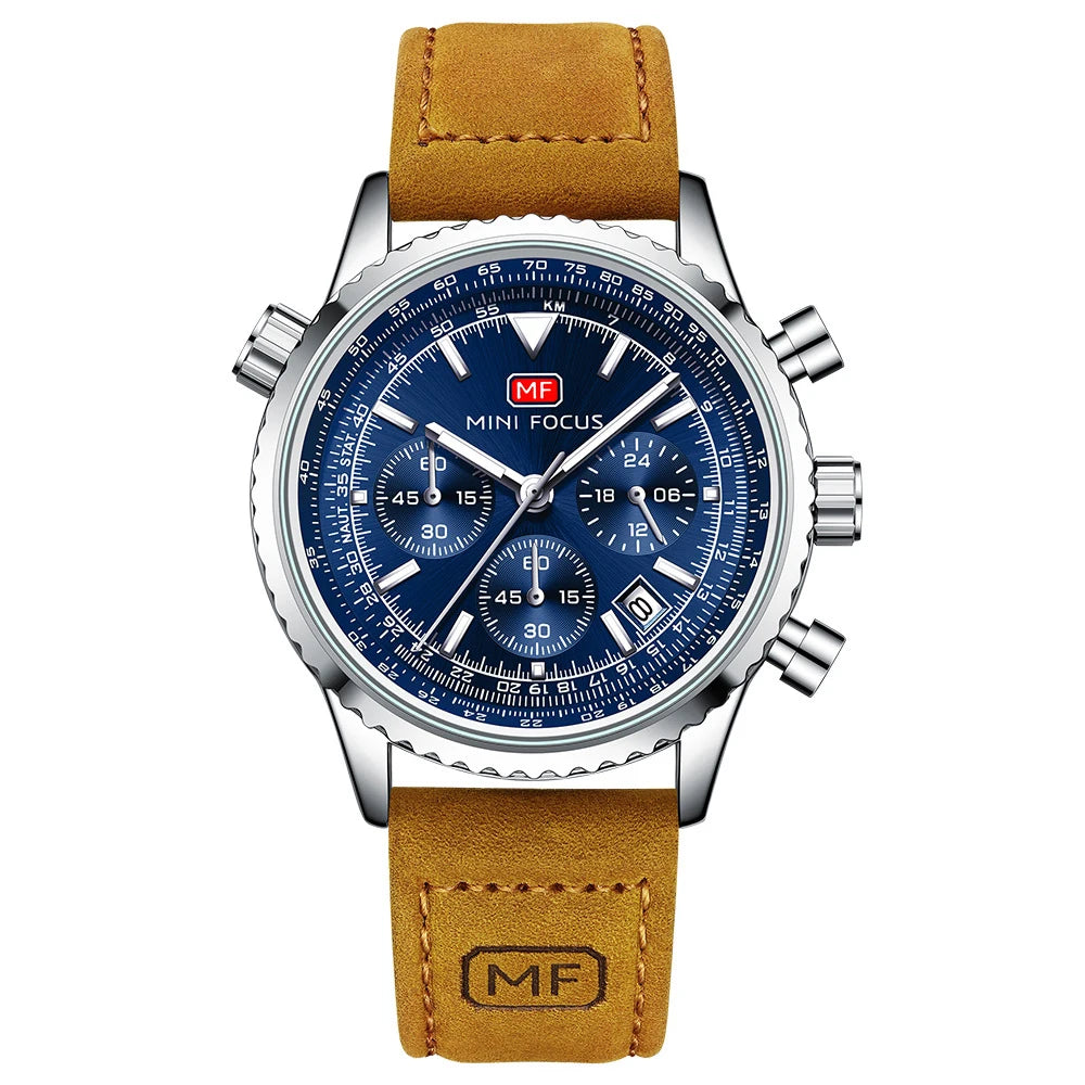 Mini Foucus Premium Multifunction Chronograph Sports Genuine Leather Luminous Quartz Mens Watches