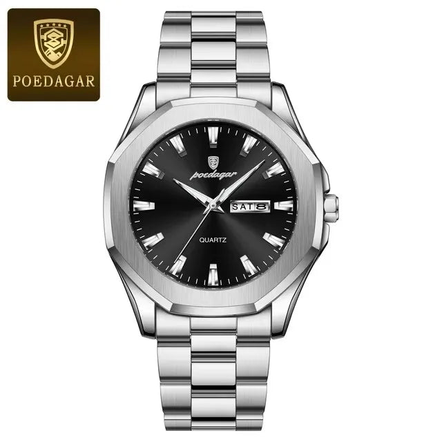 POEDAGAR 875 Date Display Stainless Steel Quartz Men's Luxury Original Mens Watches Waterproof Luminous Chronograph Wristwatches