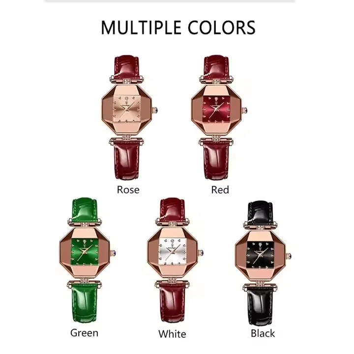 POEDAGAR 368 Red Small Quartz Watch for Women Hot Sale Fashion Leather Band Diamond Dial Square Wristwatch Luxury Female Watches