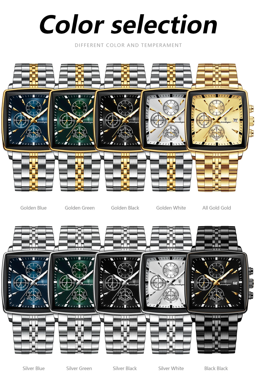 POEDAGAR New Business Men Clock Waterproof Luminous Calendar Chronograph Square Watch Stainless Steel Quartz Men's Watches 866