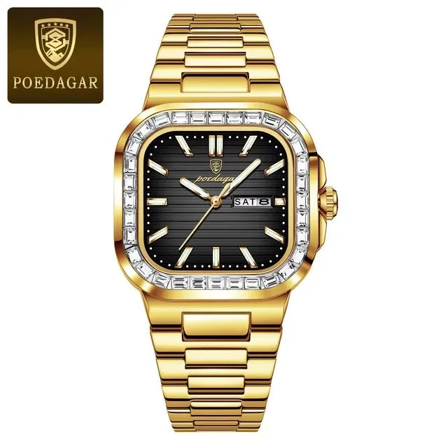 POEDAGAR 975 Luxury Square Watch for Men Waterproof Luminous Date Week Man Watch Stainless Steel Fashion Quartz Men's Watches