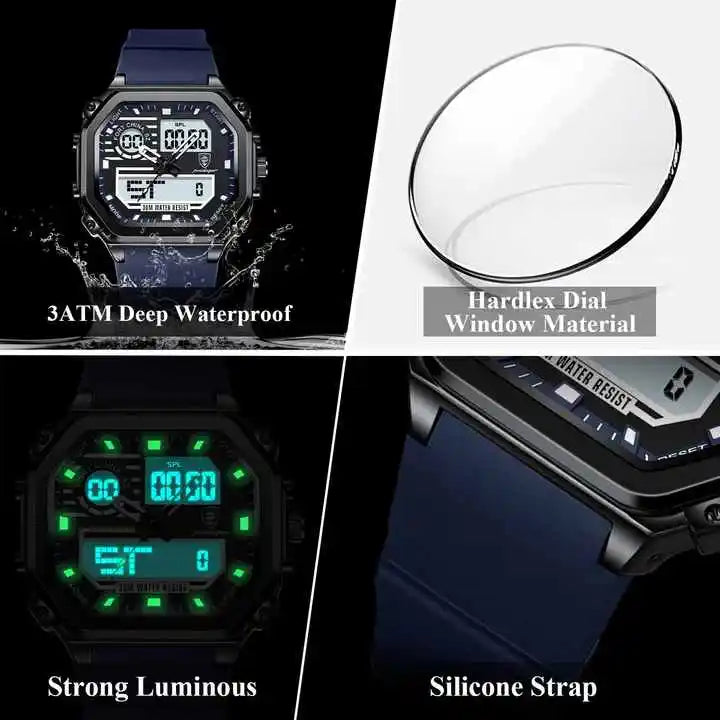 POEDAGAR 993 New Dual Display LED Night Light Leisure Electronic Men's Quartz Watch Multi Functional Sports Waterproof Watches