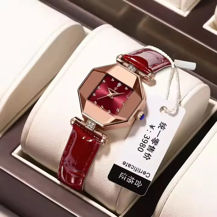 POEDAGAR 368 Red Small Quartz Watch for Women Hot Sale Fashion Leather Band Diamond Dial Square Wristwatch Luxury Female Watches