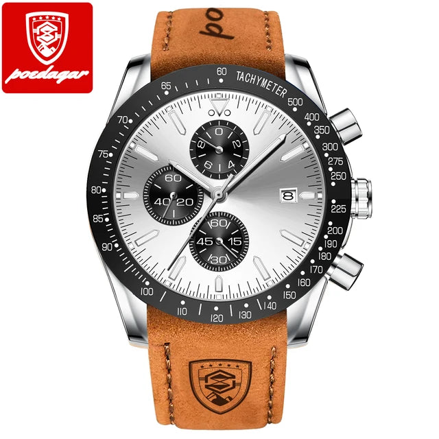 POEDAGAR 988 Top Band Men Watch Waterproof Luminous Date Chronograph Quartz Wristwatch High Quality Sport Leather Man Watches