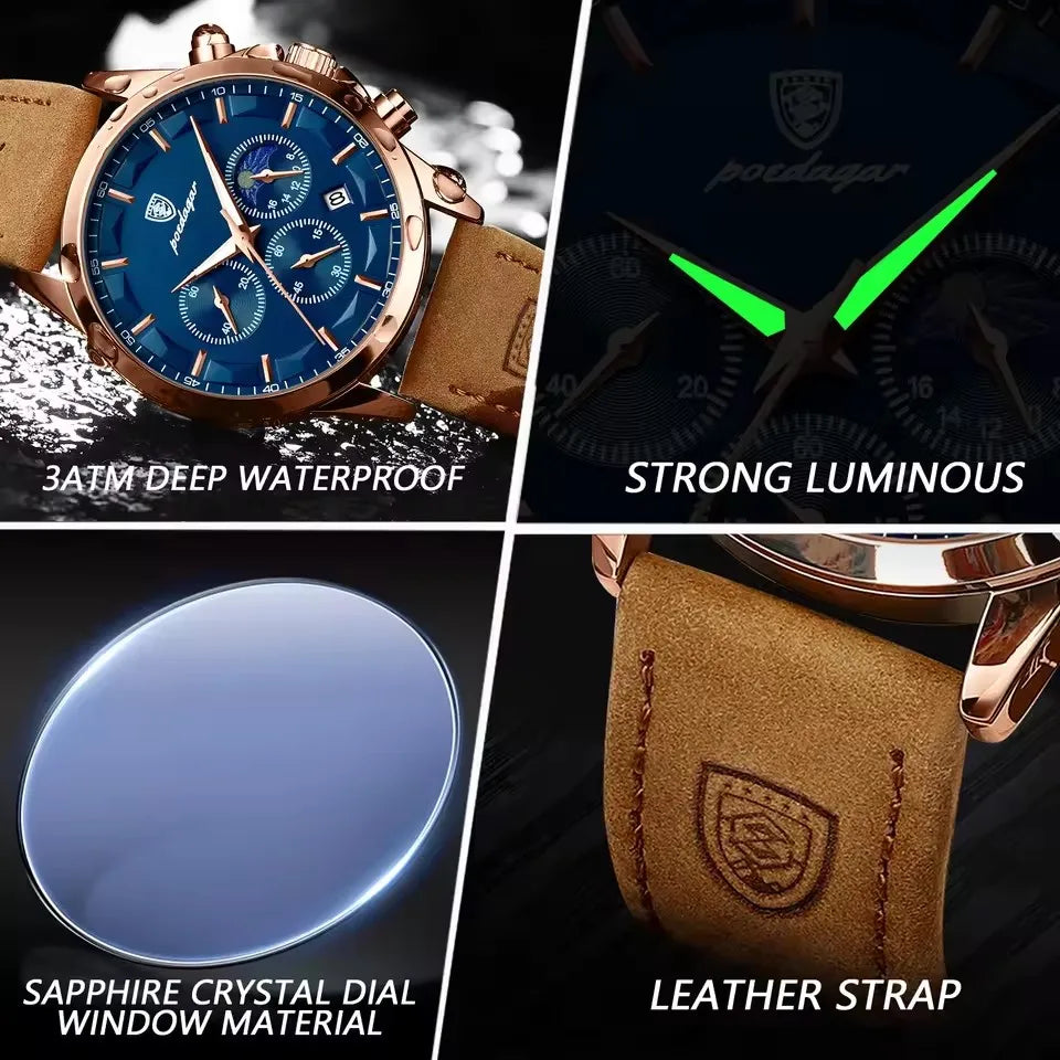 POEDAGAR 928 Men Multifunction Waterproof Watch Chronograph Stainless Steel Case Leather Strap Man Business Sport Quartz Watches