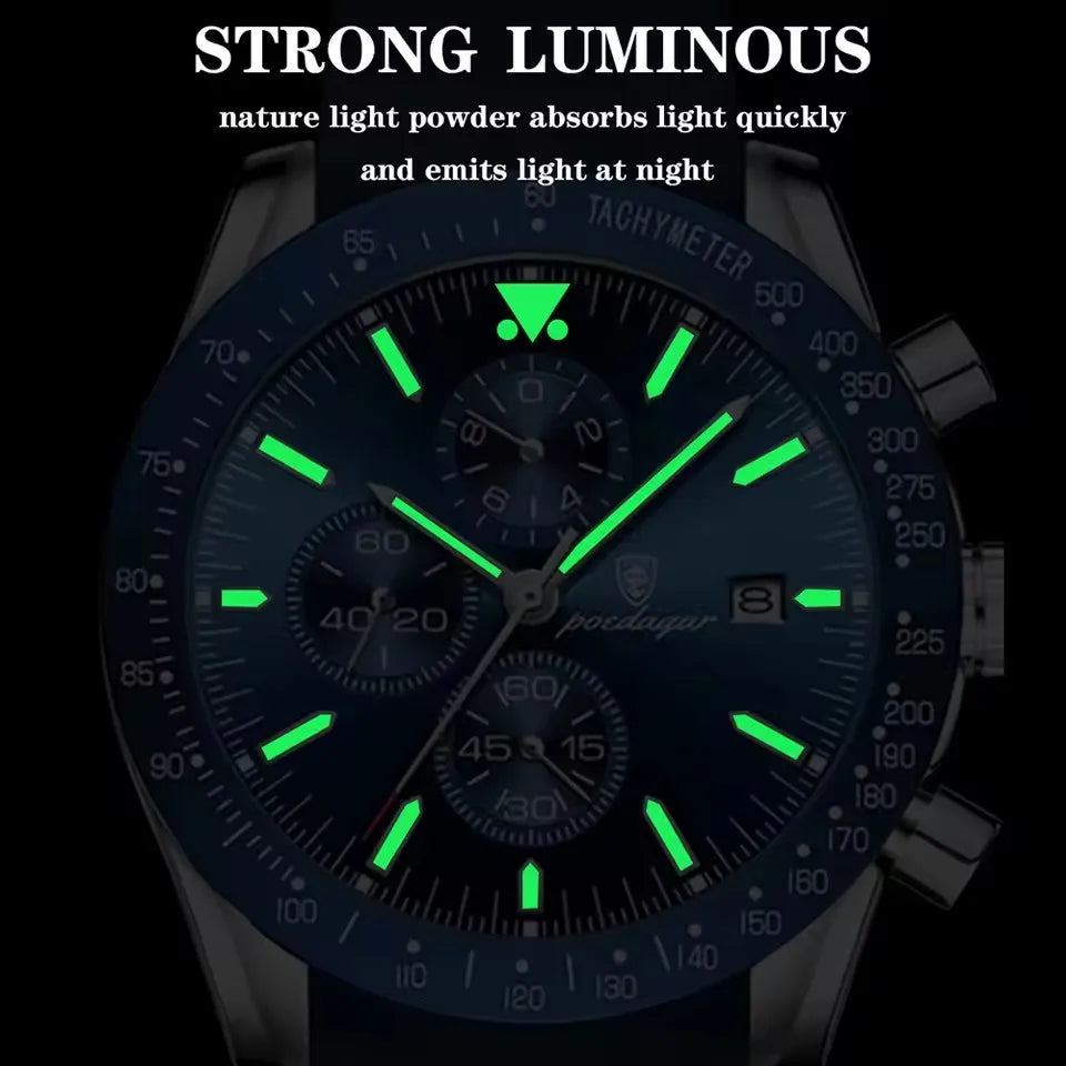 POEDAGAR 988 Top Band Men Watch Waterproof Luminous Date Chronograph Quartz Wristwatch High Quality Sport Leather Man Watches