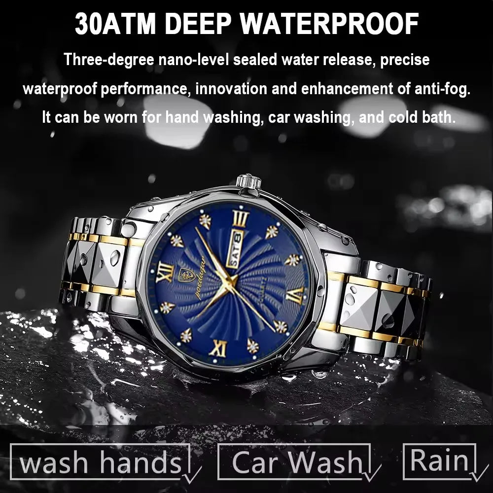 POEDAGAR 818 Men Watch Top Luxury Blue Dial Business Quartz Mens Watches Full Steel Waterproof Luminous Date Men's Wristwatch