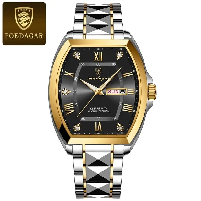 POEDAGAR Square Gold Quartz Watches Business Double Calendar Luxury Watch for Men Stainless Steel Waterproof Clock New Hot Sale