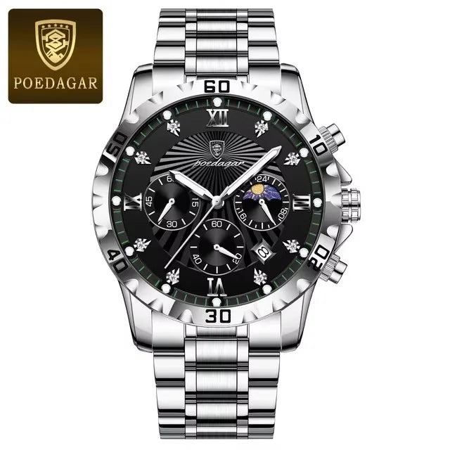 POEDAGAR 965 Diamonds Dial Watch Men Waterproof Luminous Chronograph Date Man Wristwatch Stainless Steel Quartz Men's Watches
