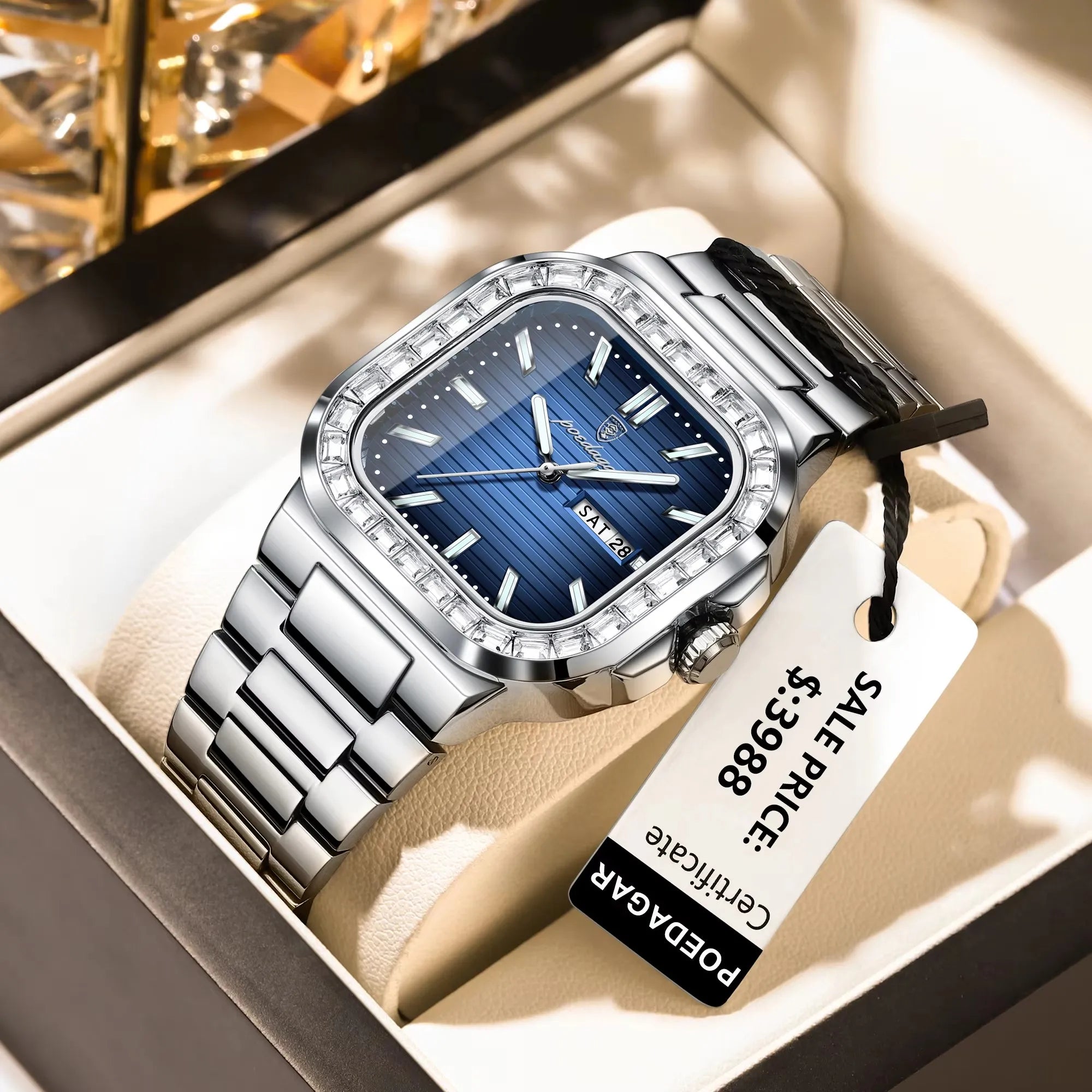 POEDAGAR 975 Luxury Square Watch for Men Waterproof Luminous Date Week Man Watch Stainless Steel Fashion Quartz Men's Watches