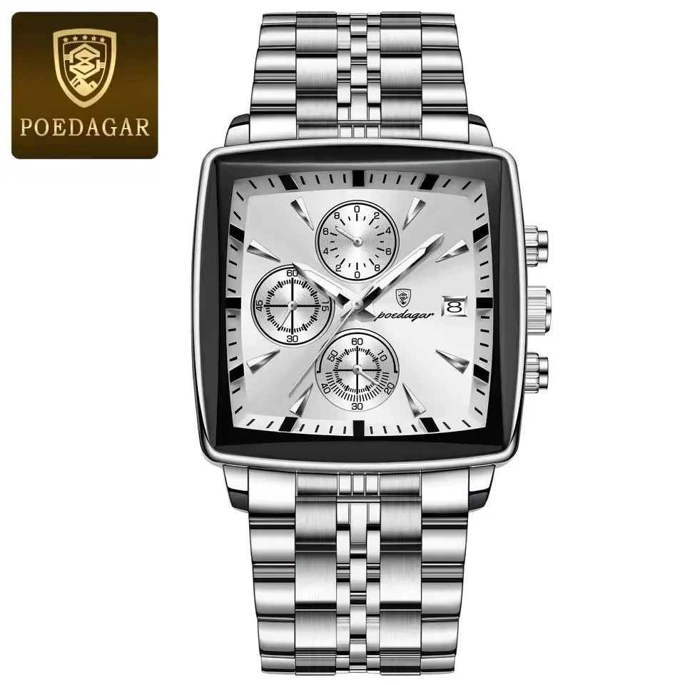 POEDAGAR New Business Men Clock Waterproof Luminous Calendar Chronograph Square Watch Stainless Steel Quartz Men's Watches 866