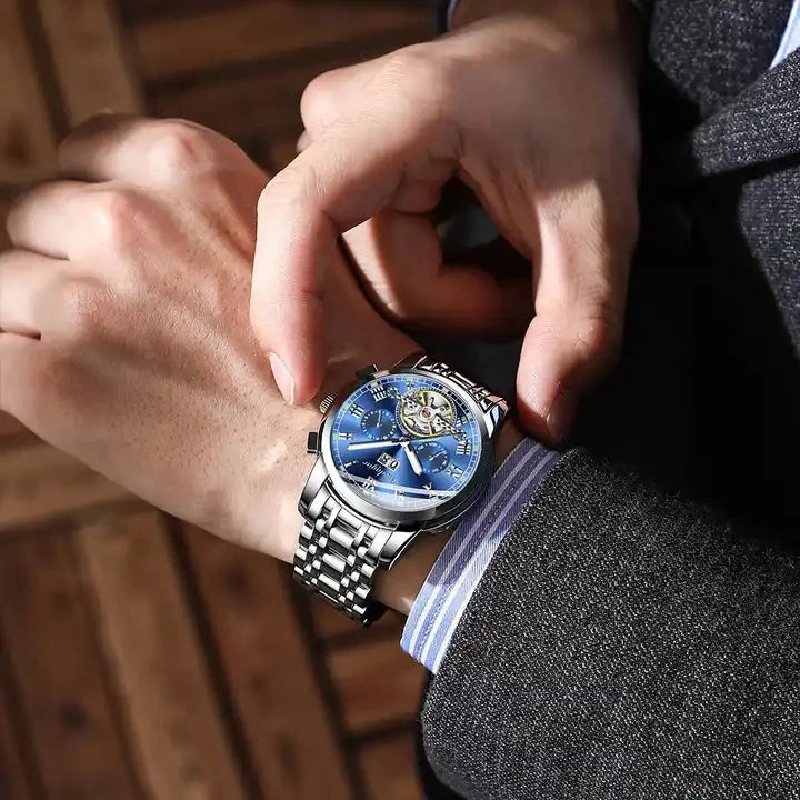 Poedagar 141  Skeleton Waterproof Men Watch  Mechanical Gold Blue Automatic Mens Watches Luxury Stainless Steel Wristwatch Man
