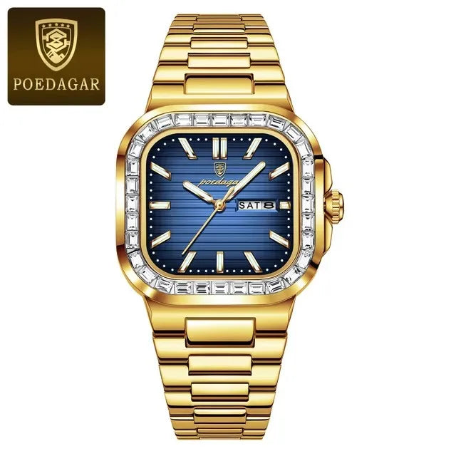 POEDAGAR 975 Luxury Square Watch for Men Waterproof Luminous Date Week Man Watch Stainless Steel Fashion Quartz Men's Watches