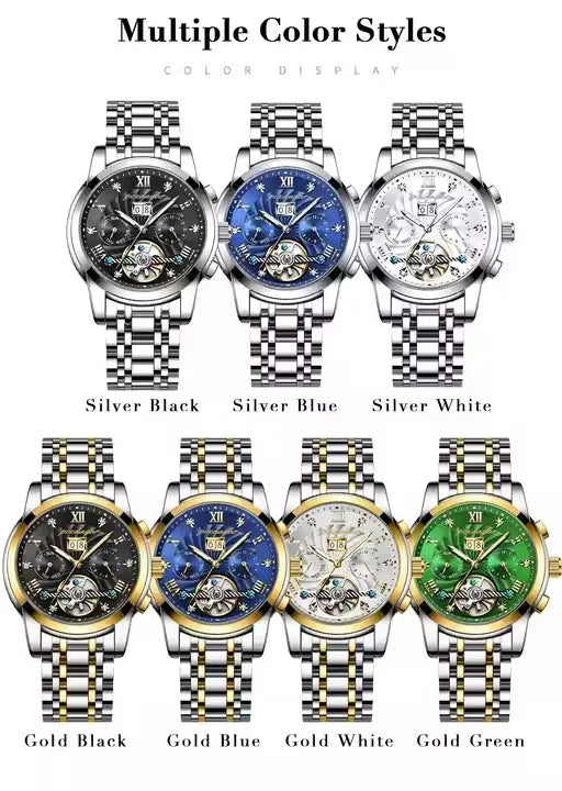 POEDAGAR 1408 Automatic Tourbillon Business Watch Luxury Hollow Waterproof Stainless Steel Men Mechanical Watches Gold Blue
