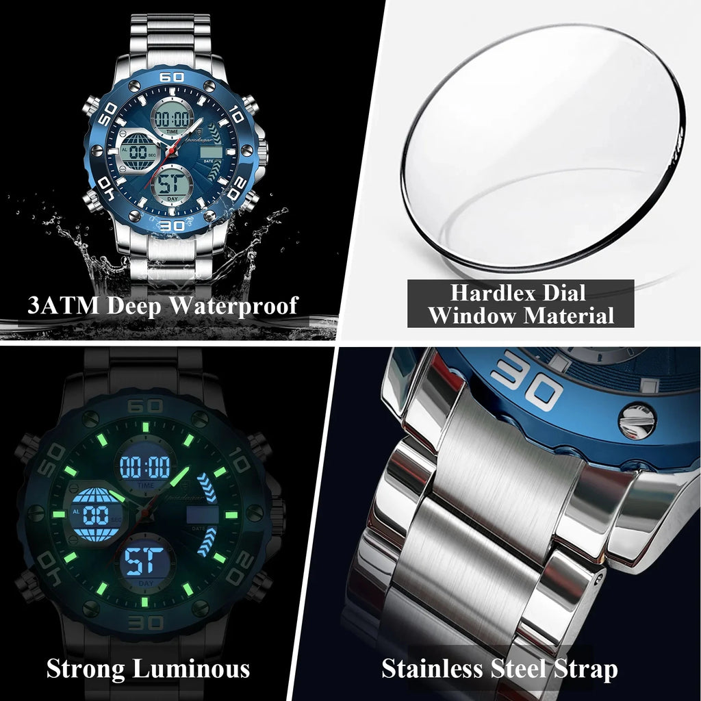 POEDAGAR E102 Dual Time Display Digital Quartz Men Watch Sport Stainless Wristwatch LED Alarm Electronic Waterproof Mens Watches